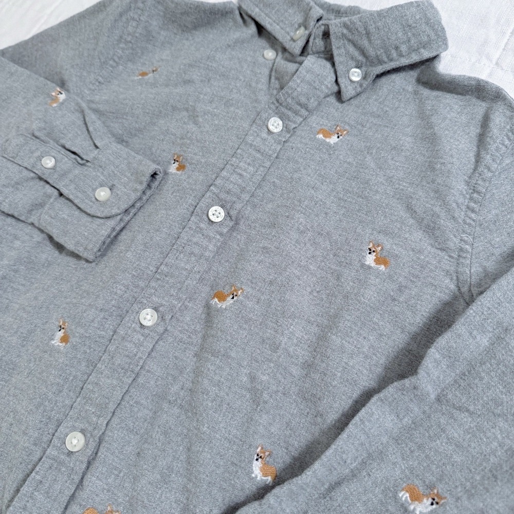 Janie & Jack Boys 6 Brushed Oxford Long Sleeve Shirt Gray Embroidered Corgi Dog - Picture 3 of 8